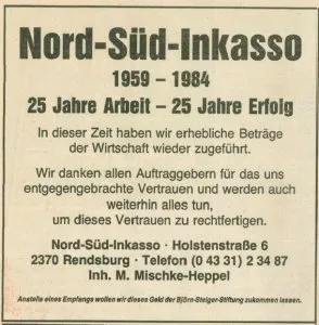 Anzeige in der Schleswig-Holsteinischen Landeszeitung vom 11.11.1984